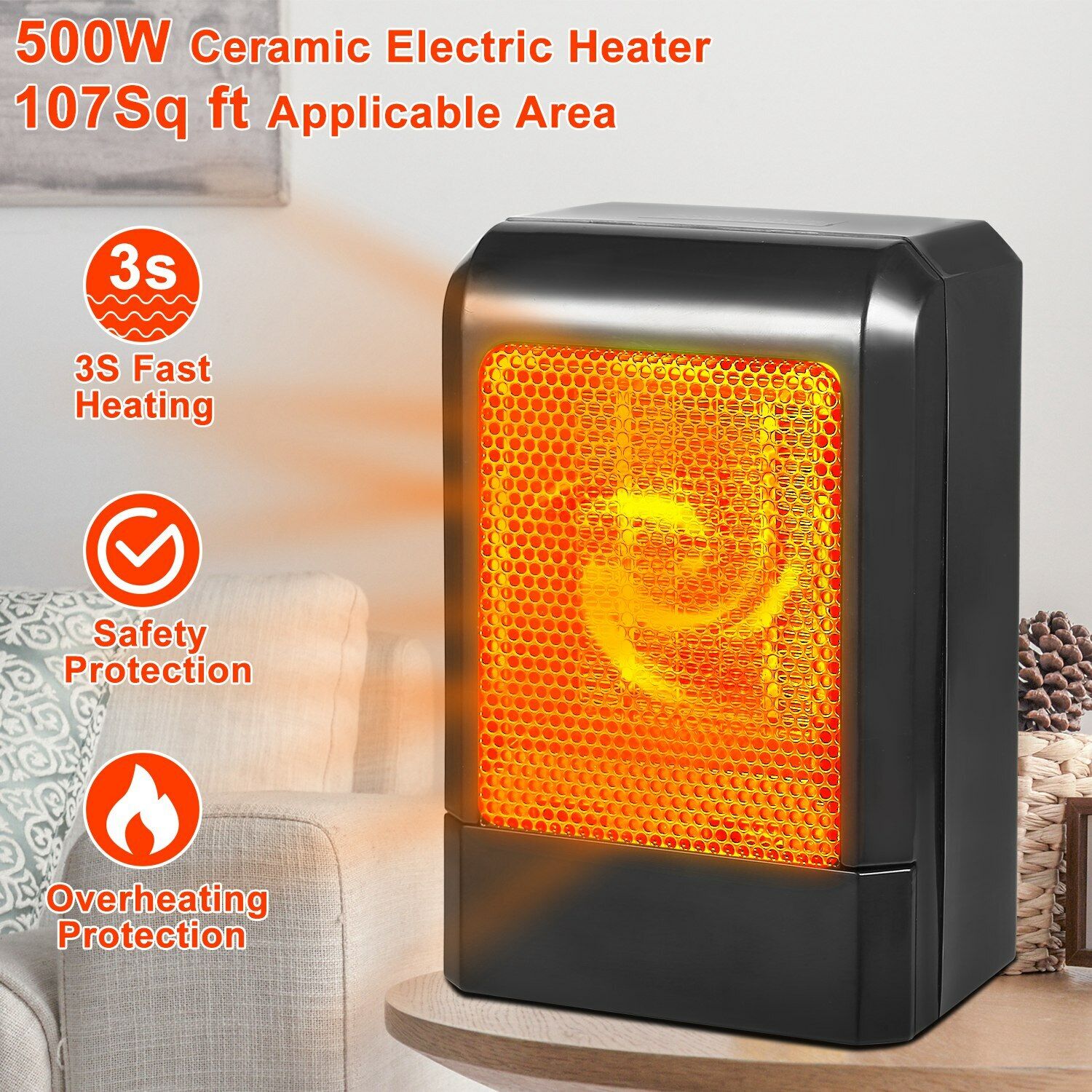 500W Mini Ceramic Electric Heater Home Office Space Heating Portable Fan Silent